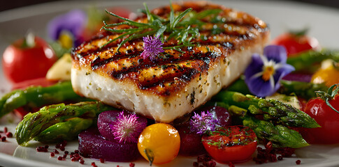 Grilled fish fillet with fresh vegetables and edible flowers on a white plate.