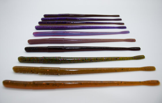 Soft plastic fishing baits, primarily used for largemouth bass fishing. 