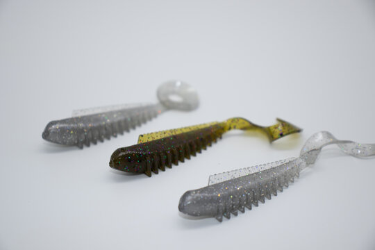 Soft plastic fishing baits, primarily used for largemouth bass fishing. 