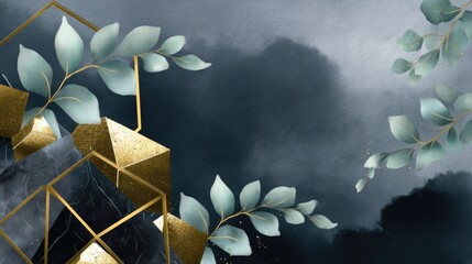 Abstract composition with gold geometric shapes and leaves on dark textured background for modern design projects and backgrounds