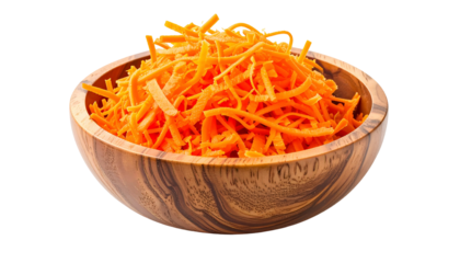 Grated orange vegetables, finely shredded, in a rustic, wooden bowl, isolated
