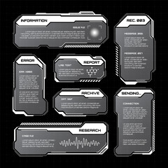 White futuristic HUD, UI elements. Sci-fi user interface text boxes, callouts. Warning message frames, information boxes template. Modern game interface layout in digital style. Vector illustration
