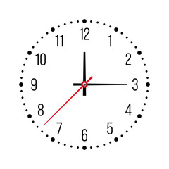 Mechanical clock face with arabic numerals, bezel. Watch dial with minute, hour marks and numbers. Timer or stopwatch element. Blank measuring circle scale with divisions. Vector illustration