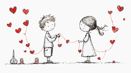 Vector illustration of two children making a heart garland together. Naive hand-drawn line art symbolizing love, care and connection, clean white background with copy space, minimal outlines, no text