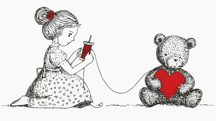 Naive vector illustration of a girl sewing a red heart onto a teddy bear. Symbol of love, care and repair, emotional storytelling, clean white background with copy space