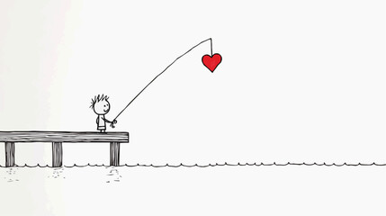 Naive line art of  boy fishing on a pier, catching  heart-shaped fish. Playful, childlike illustration with copy space, ideal for Valentine&rsquo;s Day cards, nursery decor, or romantic-themed packaging