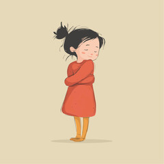 Naive vector illustration of a little girl hugging herself. Minimal flat childlike character with copy space, symbol of self love, care and emotional warmth.