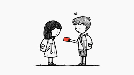 Naive vector illustration of boy giving red Valentine&rsquo;s card to girl at school. Childlike moment perfect for Valentine&rsquo;s Day cards, school-themed nursery decor, or romantic packaging with copy space