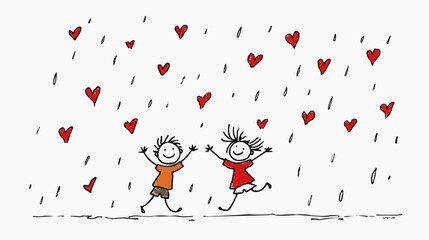 Naive vector illustration of two children dancing under falling heart-shaped rain, perfect for Valentine&rsquo;s Day cards, friendship-themed decor, or romantic nursery designs with play