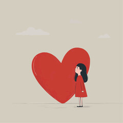 Naive vector illustration of child girl standing beside large red heart. Minimal, emotional character suitable for Valentine&rsquo;s Day cards, nursery decor, or love-themed 