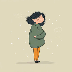 Naive vector illustration of sad girl hugging herself in falling snow. Emotional character with copy space, suitable for winter-themed greeting cards, mental wellness decor, or seasonal packaging