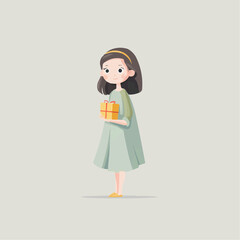 Naive vector illustration of a little girl holding a gift box. Simple child character with copy space, symbol of care, giving and warm emotions for holidays and greetings