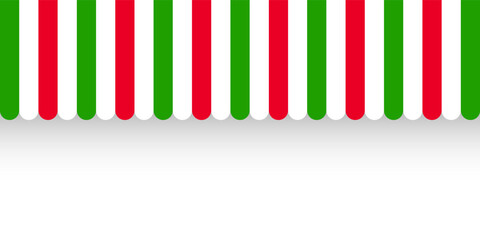 Shop sunshade. Realistic striped cafe awning. Outdoor market tent. Roof canopy in Italian flag colors. Summer street store. Vector illustration