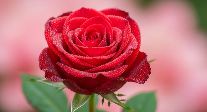 Close up of a vibrant red rose covered in dew drops against soft pink background - Powered by Adobe