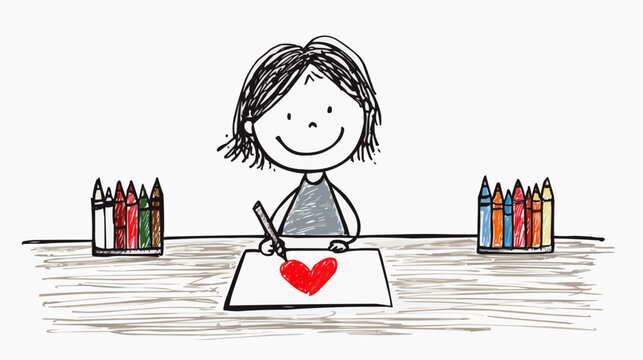 Naive vector illustration of girl sitting at desk drawing red heart on paper with crayons beside her, perfect for Valentine&rsquo;s Day cards, school-themed nursery decor, creative packaging with copy space