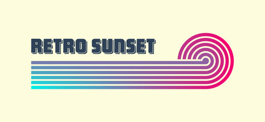 Vintage colorful sunset. Various gradient striped sunrise badges in 80s and 90s style. Sun and ocean view, summer vibes, surfing. Design element for print, logo or t-shirt. Vector illustration