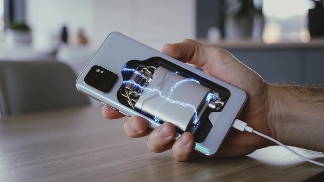 A video showing the back view of a phone held in hand with a solid state silver battery installed, visualizing electric currents flowing from the battery in a dynamic tech scene

