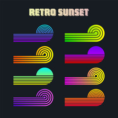 Vintage colorful sunset. Various gradient striped sunrise badges in 80s and 90s style. Sun and ocean view, summer vibes, surfing. Design element for print, logo or t-shirt. Vector illustration