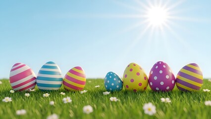 Fototapeta premium Happy easter sunday celebration with colorful eggs in a sunny green field