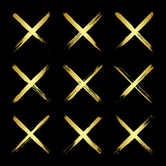 Golden grunge crosses, brush strokes, lines, ink smudges, hand-drawn scribble shapes. Handmade sketchy marks, acrylic stains, charcoal streaks. Paint textures, dry brush effect. Vector illustration