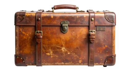 A vintage, well-worn brown leather suitcase with brass hardware, isolated on black