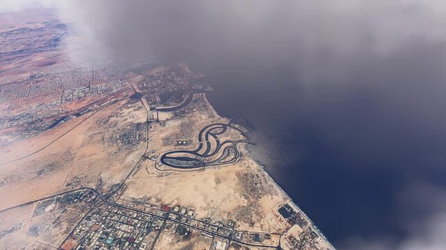 Top aerial drone view of Ajmal Makan City Beach in Hamriya West. Sharjah. United Arab Emirates
