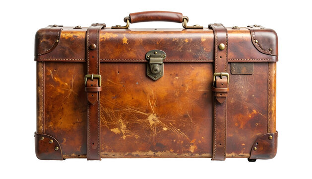 A vintage, well-worn brown leather suitcase with brass hardware, isolated on black