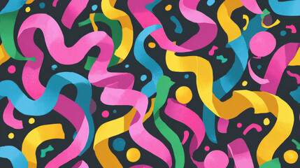Colorful pattern of twisted streamers curled ribbons confetti dots in bright saturated colors playful flat vector style kid-friendly birthday background card invite wrapping paper party goods