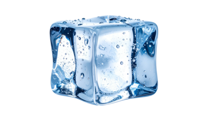 Isolated, close-up view of a clear ice cube with water droplets, against a black background