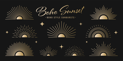 Vintage golden sunburst, sunset beams collection. Boho style, modern minimalist bohemian design. Hand drawn bursting sun, light rays. Logotype or lettering retro design element. Vector illustration