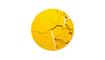 A cracked yellow sphere against a black backdrop, texture reveals a weathered surface