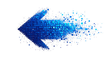 A pixelated blue arrow pointing left, disintegrating from its tip, against a black background