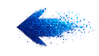 A pixelated blue arrow pointing left, disintegrating from its tip, against a black background