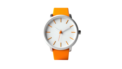 A minimalist wristwatch featuring a white face, orange strap, and silver casing, isolated on black