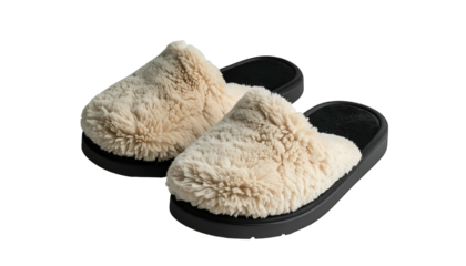 A pair of cozy, fluffy indoor slippers with a cream colored top and black soles