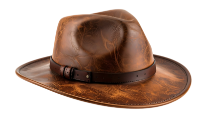 A detailed image of a fedora-style hat with a leather texture and band, isolated on black