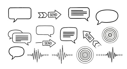 Communication Icons - Speech Bubbles, Send Arrows, and Sound Waves for Messaging.