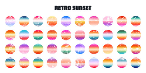 Grunge vintage colorful sunset. Striped gradient sunrise badges in 80s and 90s style. Sun and ocean view, summer vibes, surfing. Design element for print, logo or t-shirt. Vector illustration