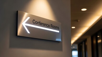 Directional Signage Pointing to Conference Rooms in Modern Office Hallway Interior for Business Navigation