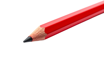 A macro shot of a sharpened red pencil with a dark grey lead against a black background