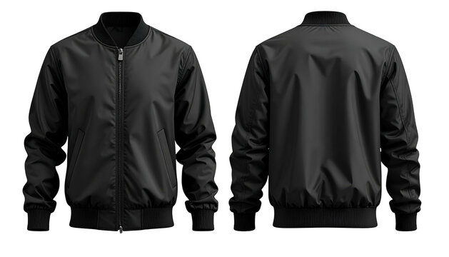 Front and back views of a black, sleek, zipped-up bomber jacket against a black backdrop