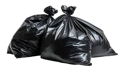 Two filled, knotted black plastic bags against a transparent background