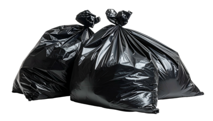 Two filled, knotted black plastic bags against a transparent background