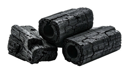 Obraz premium Close-up of three dark, cylindrical, charcoal briquettes with hollow centers