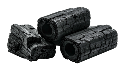 Close-up of three dark, cylindrical, charcoal briquettes with hollow centers