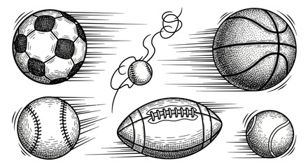 Dynamic Hand Drawn Sports Balls Collection in Motion. © Dika