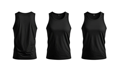 Three black sleeveless shirts with different views, isolated on a black background
