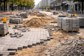 Urban street under renovation with paving stones and construction materials, illustrating development and city infrastructure upgrade.
