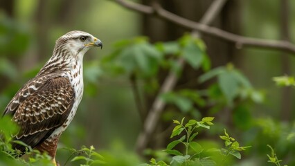 Obraz premium Hawk perched on a branch surrounded by green foliage