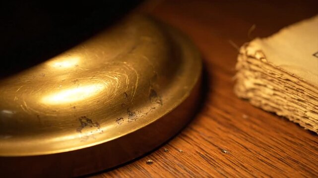 Close-up of a golden brass object and a stack of old papers.